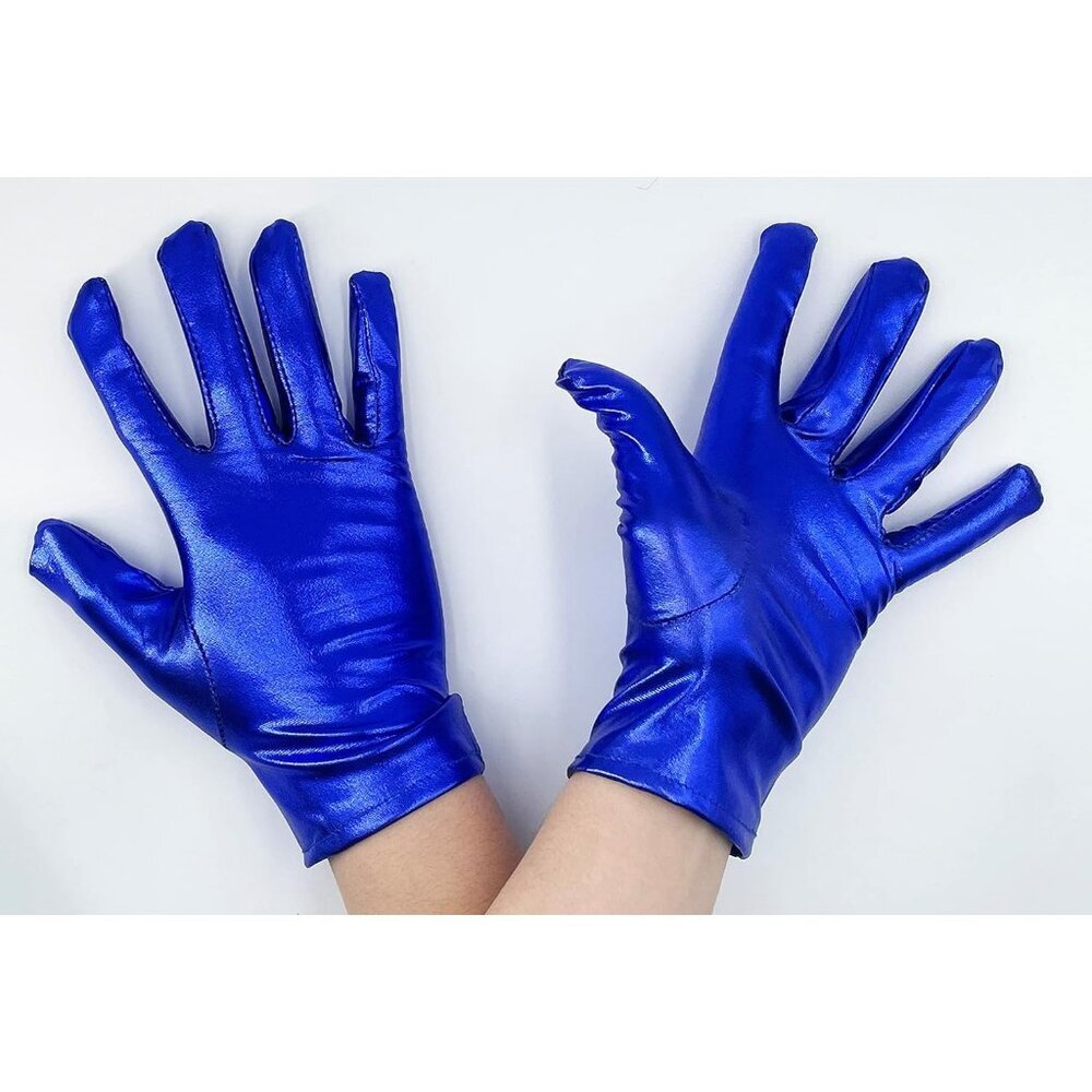 Women's Blue Shiny Metallic Wrist Gloves Cosplay Halloween Costume Accessories - Picture 4 of 4